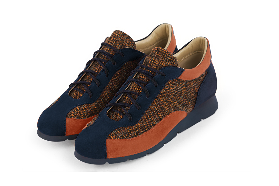 Navy blue and terracotta orange women's elegant sneakers. Round toe. Flat rubber soles. Front view - Florence KOOIJMAN